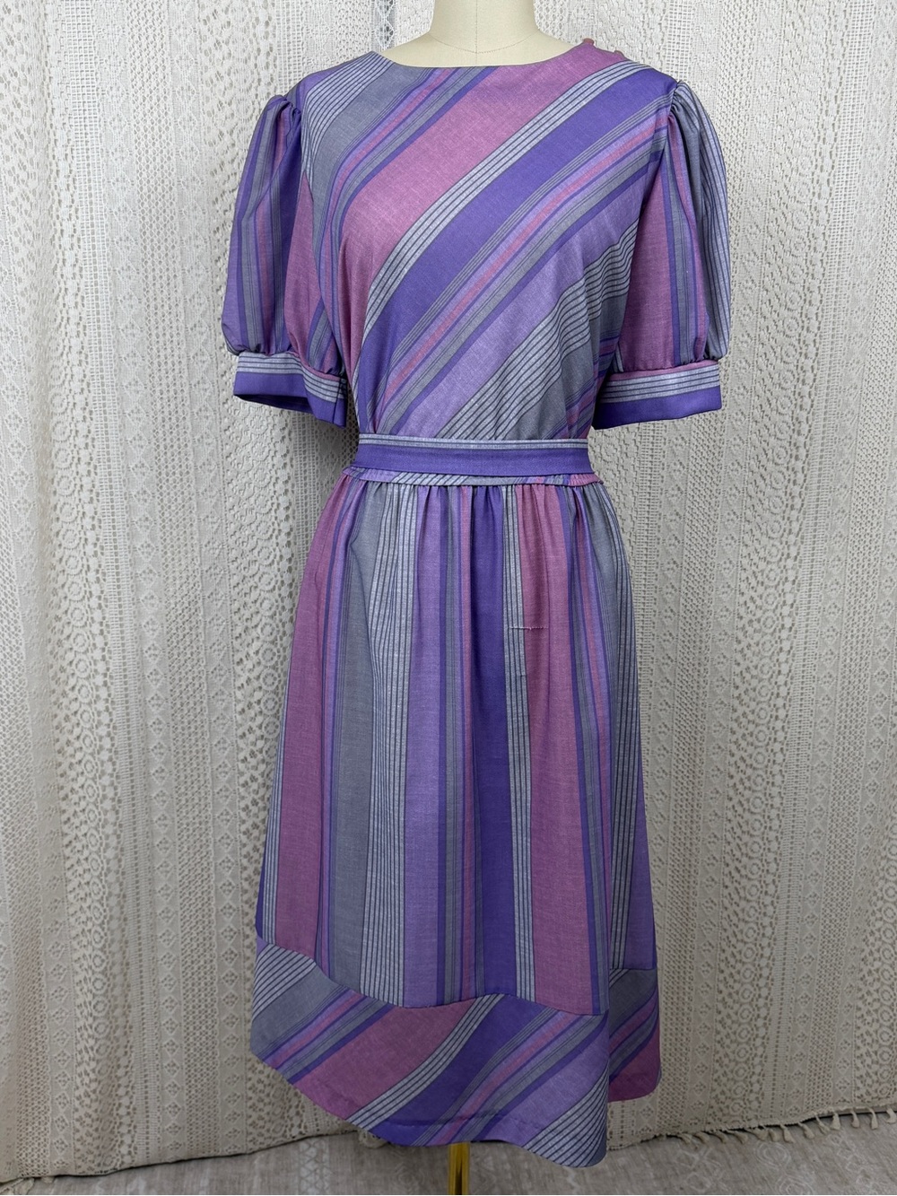 Purple & Lavender Striped Puff-Sleeve Dress